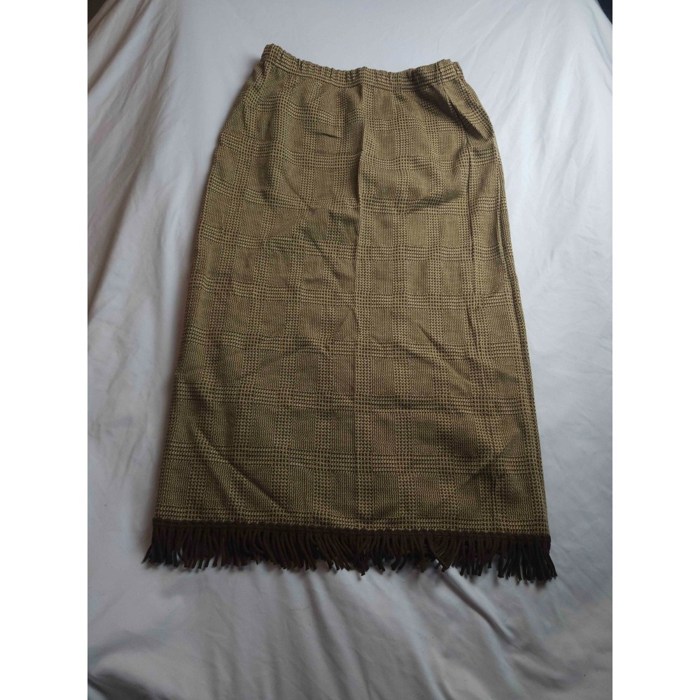 Dressbarn Midi Skirt‎ Medium Brown Plaid Fringe Hem Dark Academia Earthy Boho